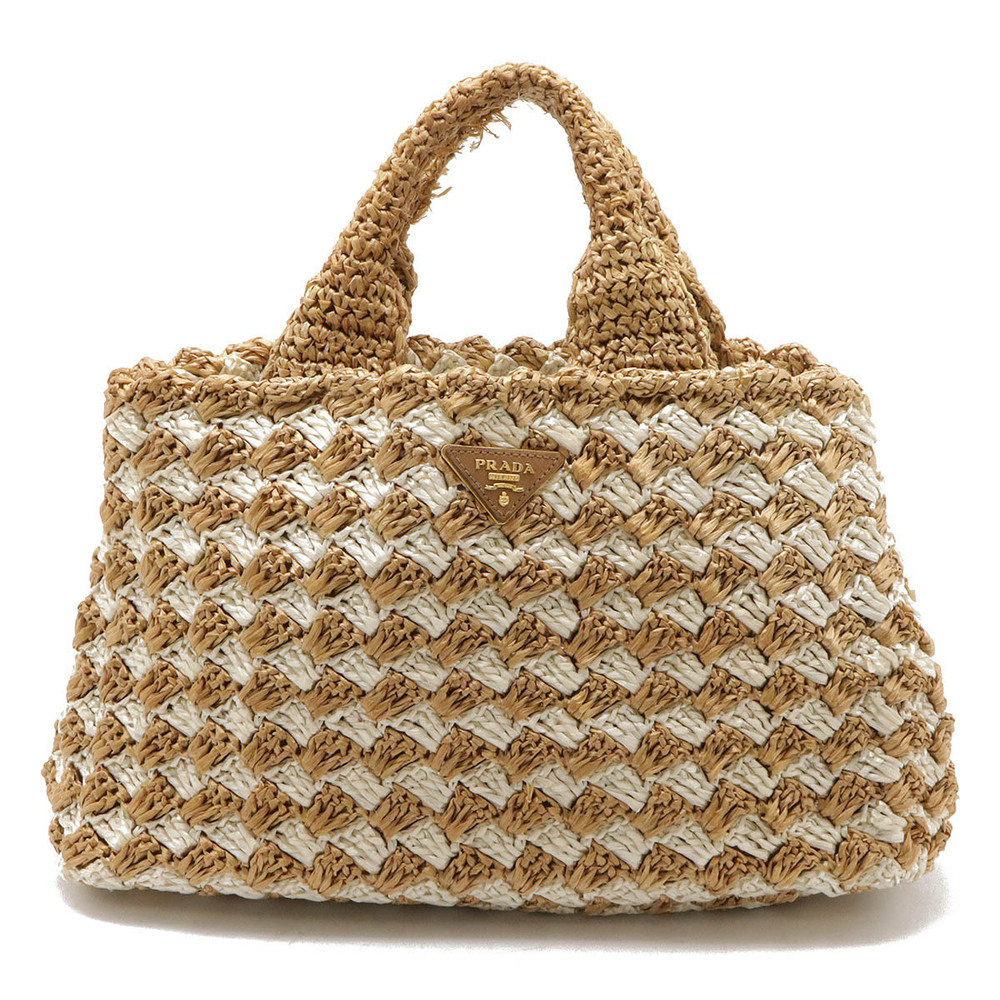 Prada Raffia Locket Handbag Tote Bag Basket Beige Cream Ivory White